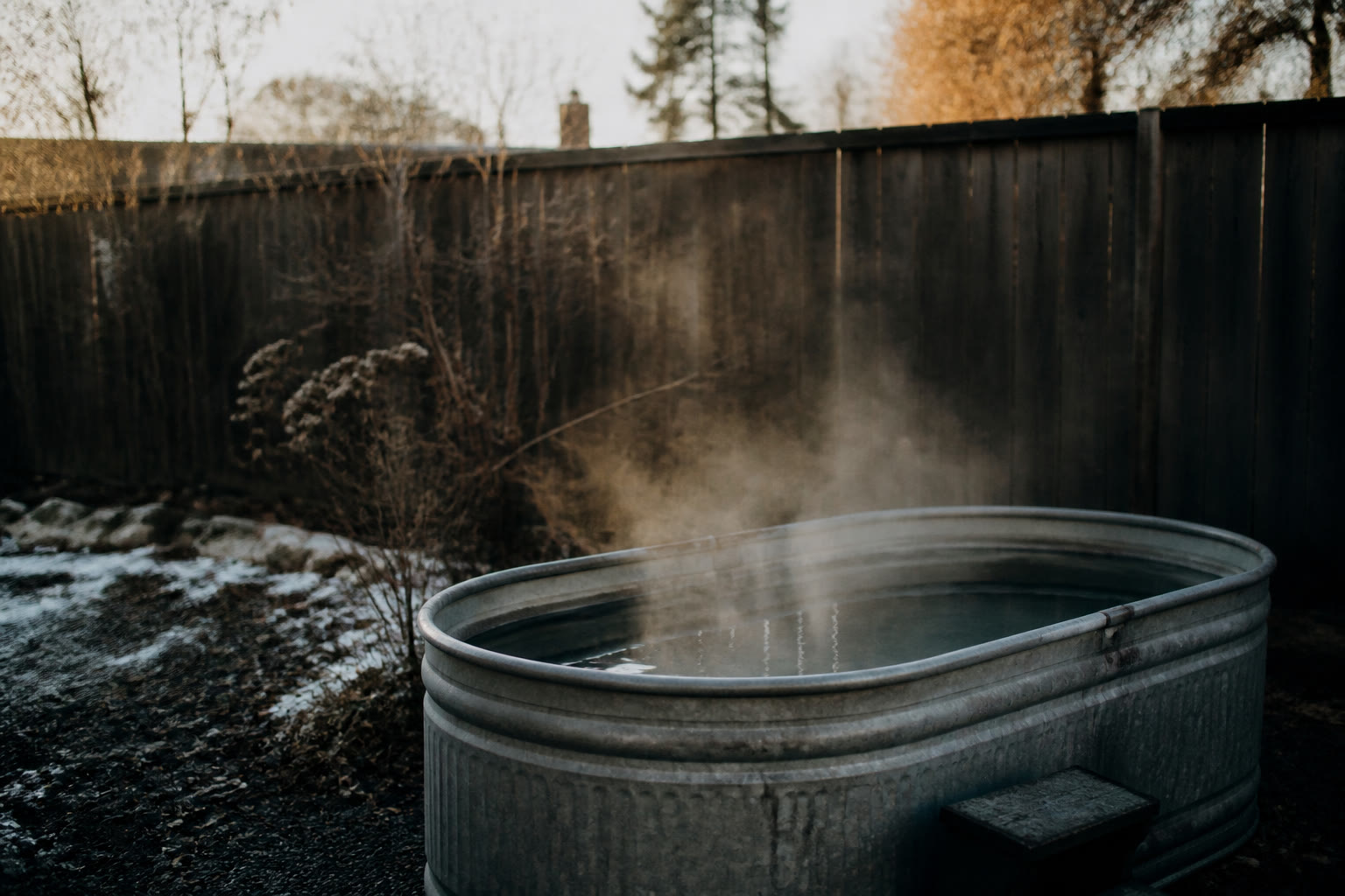A galvanized steel stock tank filled with dark water in a winter
              backyard, mist rising off the surface, a low step beside the tank,
              frost on the ground, a wooden fence and bare trees behind. No
              person, no branded chiller, no celebrity plunge.