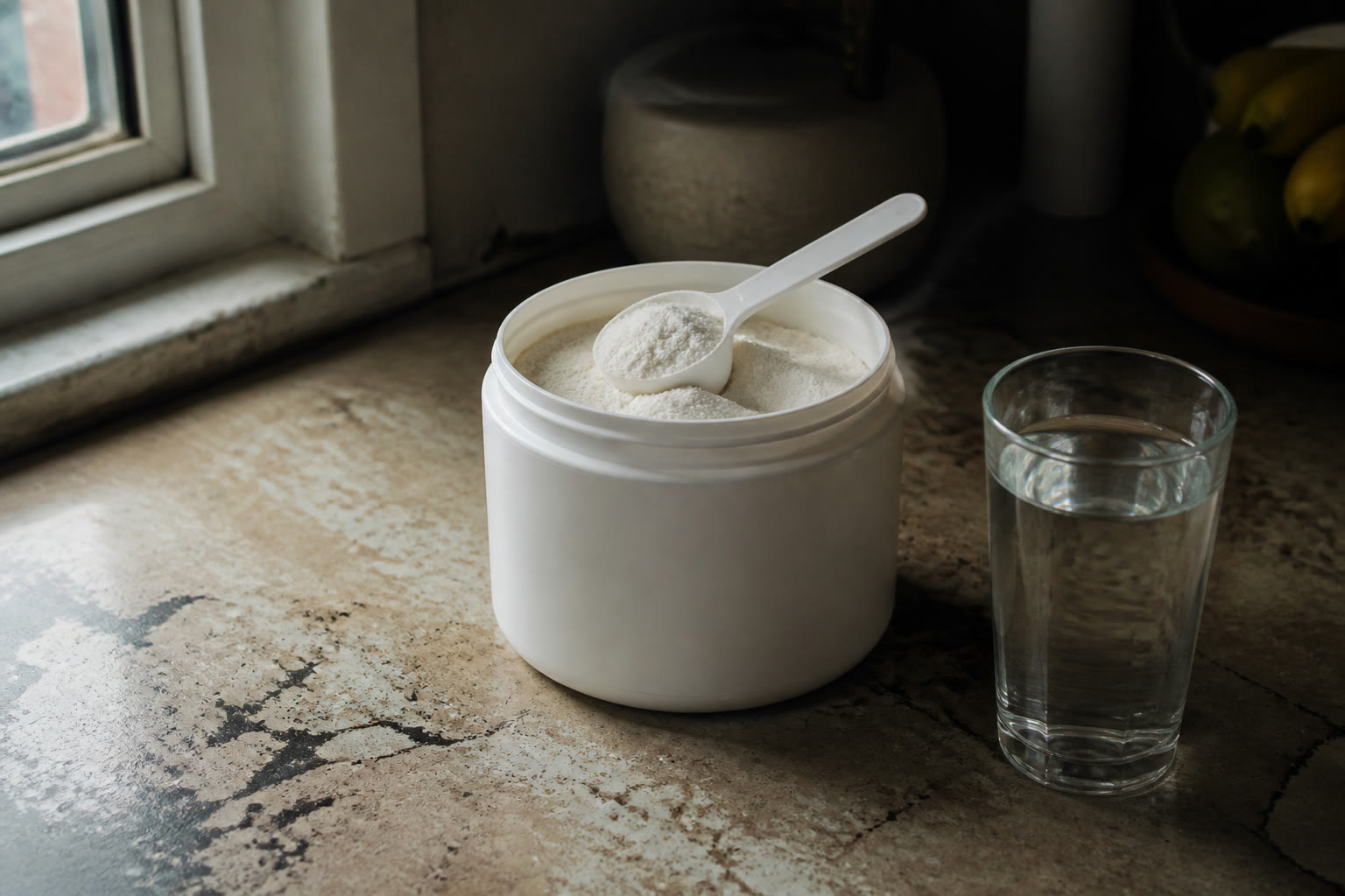 An unbranded open tub of white creatine monohydrate powder with a
              filled 5 gram scoop, next to a clear glass of water on a scuffed
              stone counter. No brand, no torso, no gym-bro packaging.