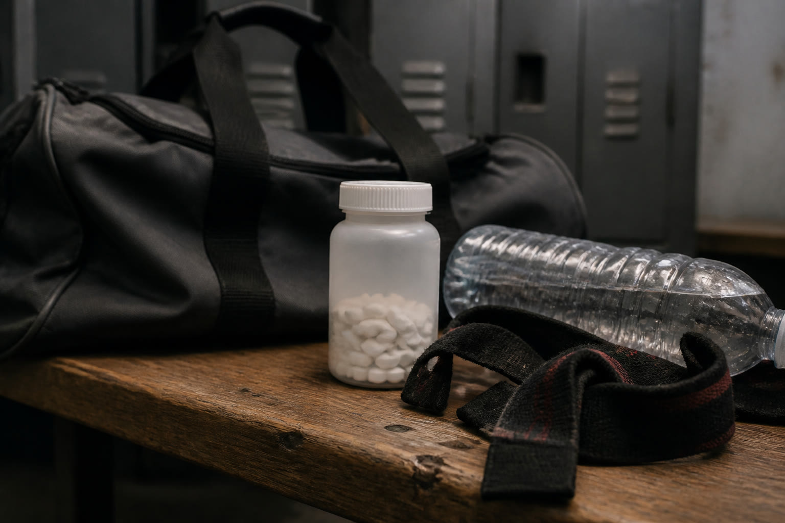 A translucent OTC pill bottle of white tablets on a worn gym-locker
              bench, next to coiled black wrist straps with two red stripes, a
              gym bag, and a water bottle on its side. No face, no brand
              claim, no athlete likeness.