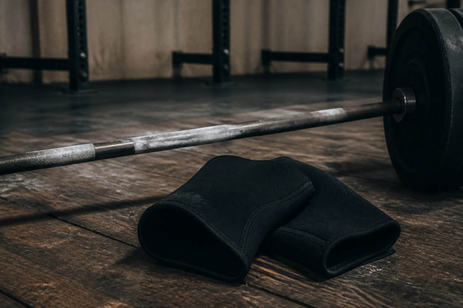 Overhead still on a dark gym bench, no legs and no logos: a 7 mm
              neoprene cylinder, a rolled 2-metre knee wrap, and a hinged
              unloader with metal uprights, labelled sleeve, wrap and brace.