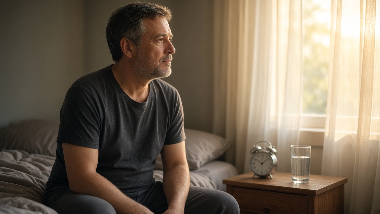 Quiet bedroom at first light: rumpled sheets, an analog alarm clock on the nightstand, soft morning light through a window. No people, no body, no sexual framing.