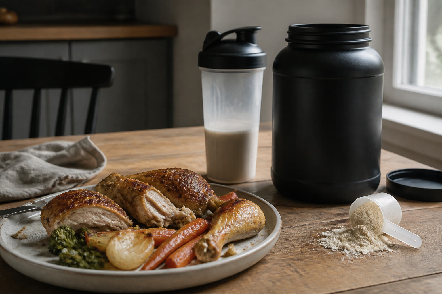 Kitchen table, no face: a plate of eggs, yogurt and fish with one
              shaker off to the side, not in the plate's place. Powder as a
              gap-filler, not the meal.