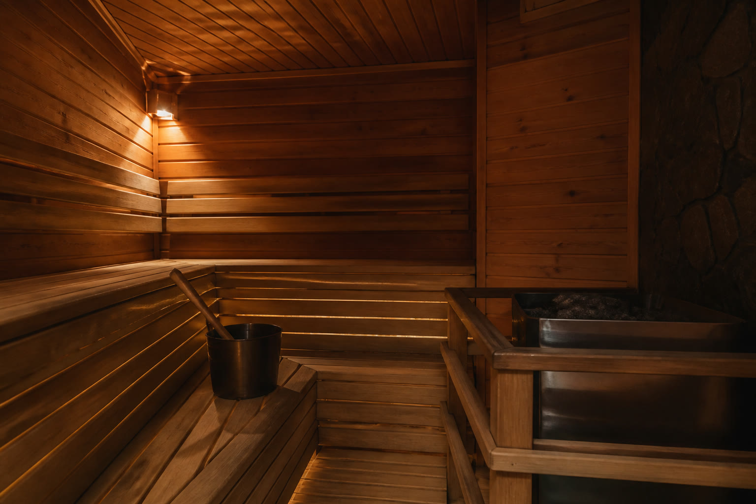 Empty traditional wood sauna with a wall thermometer in the 80–100°C range, ladle and rocks, no faces — the room KIHD actually measured — not a closed infrared cabin.
