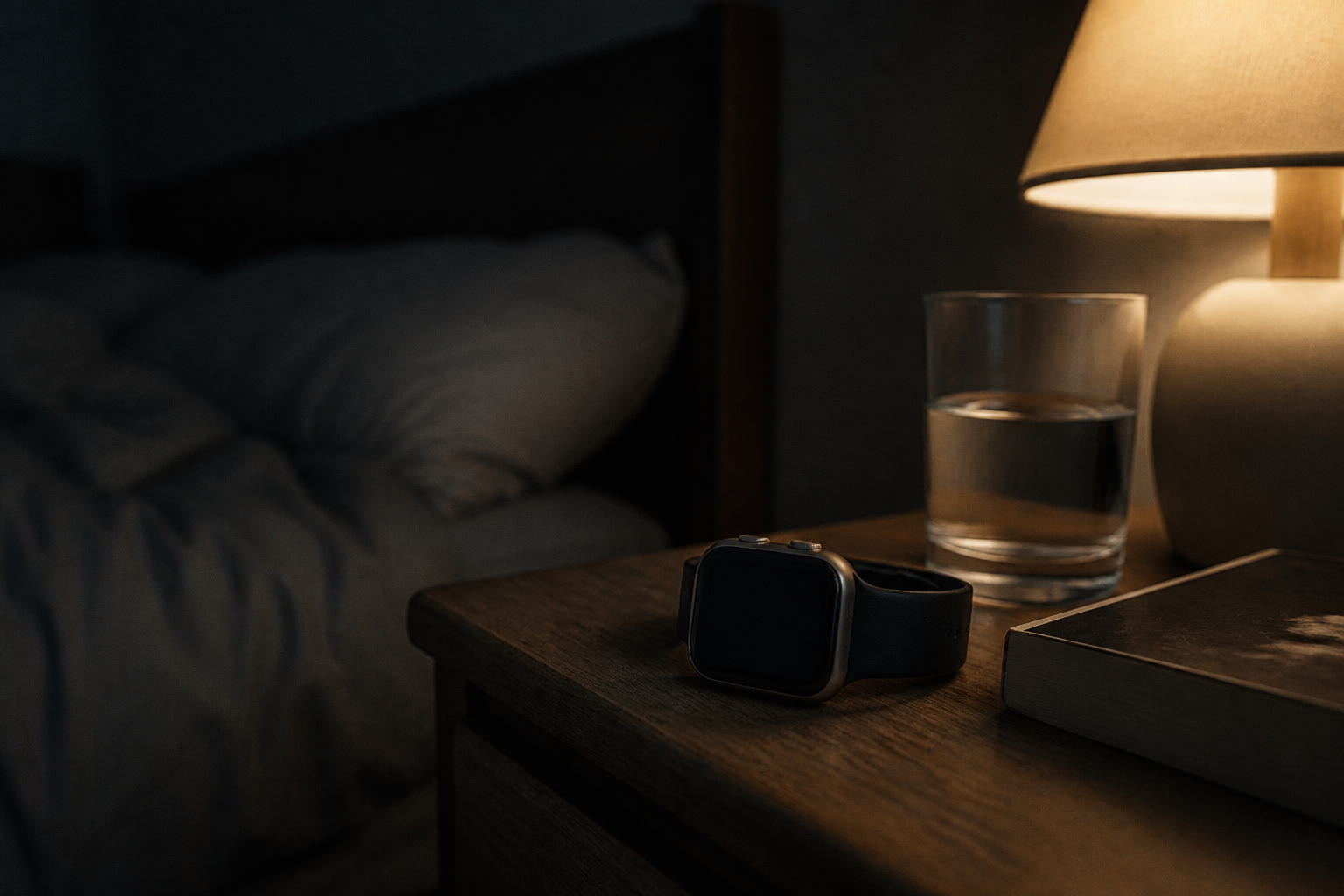 A nightstand still life: a smart ring and a watch face showing a large 87 Sleep Score sit beside a paper sleep diary and an analog alarm clock. Same job, different costume. No person in frame.