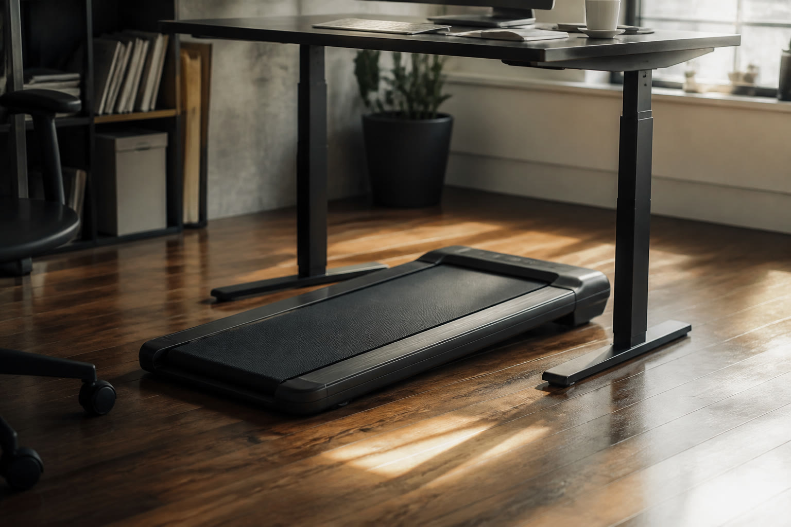 A low-profile black walking pad under a black standing desk on a
              dark wood floor. Keyboard, mouse and a mug on the desk. Empty belt,
              no person, no rails. The deck is short and narrow under the desk
              span.